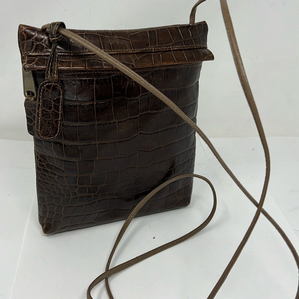 Carlos Falchi Brown Leather Croc Embossed Crossbody Zipper Bag - Picture 2 of 13